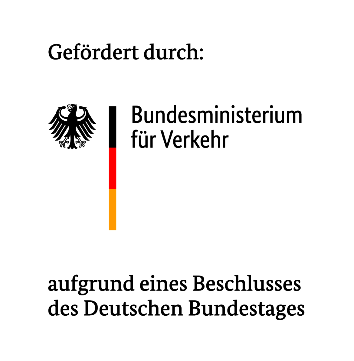 Logo des Bundesministeriums für Verkehr mit Bundesadler und schwarz-rot-goldener Farbleiste, unterstützt aufgrund eines Beschlusses des Deutschen Bundestages.