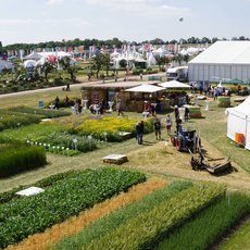 Großer Gartenbereich mit gepflegten Beeten voller Kräuter und Blumen, umgeben von weißen Zelten und Pavillons. Besucher spazieren zwischen den Pflanzenbeeten, einige stehen an Infoständen oder Bänken.
