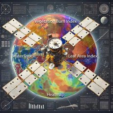 "Satellite image showing various environmental data layers including Vegetation Burn Index, Water Index, Leaf Area Index, and Heatmap. The satellite is depicted with solar panels extended, and the Earth is visible in the background with different colored data overlays."
