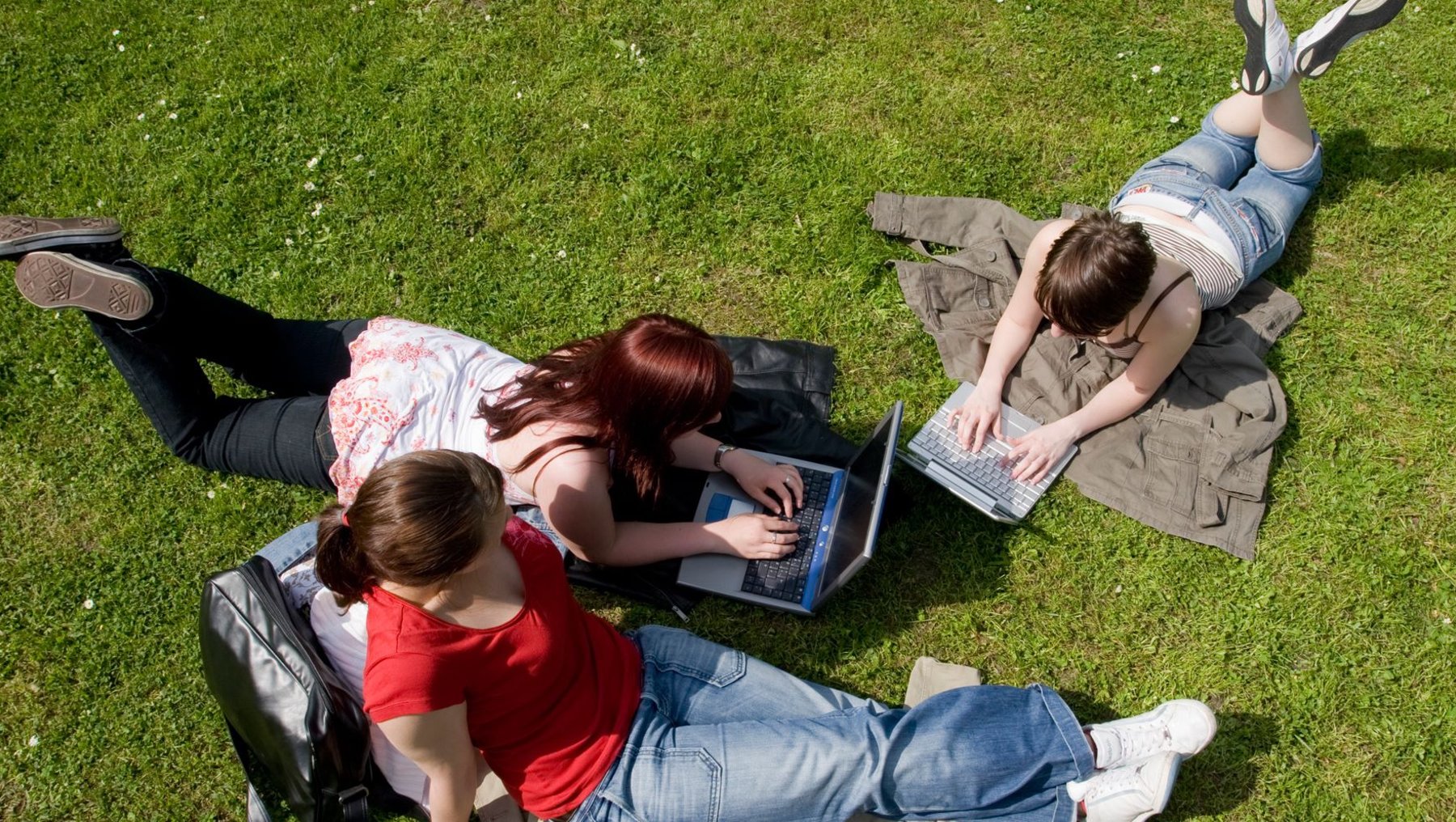 Drei Personen liegen auf einer Wiese und arbeiten oder entspannen mit Laptops. Zwei von ihnen liegen auf Decken, während die dritte auf einem Rucksack sitzt. Sie sind in einer entspannten, sonnigen Umgebung.