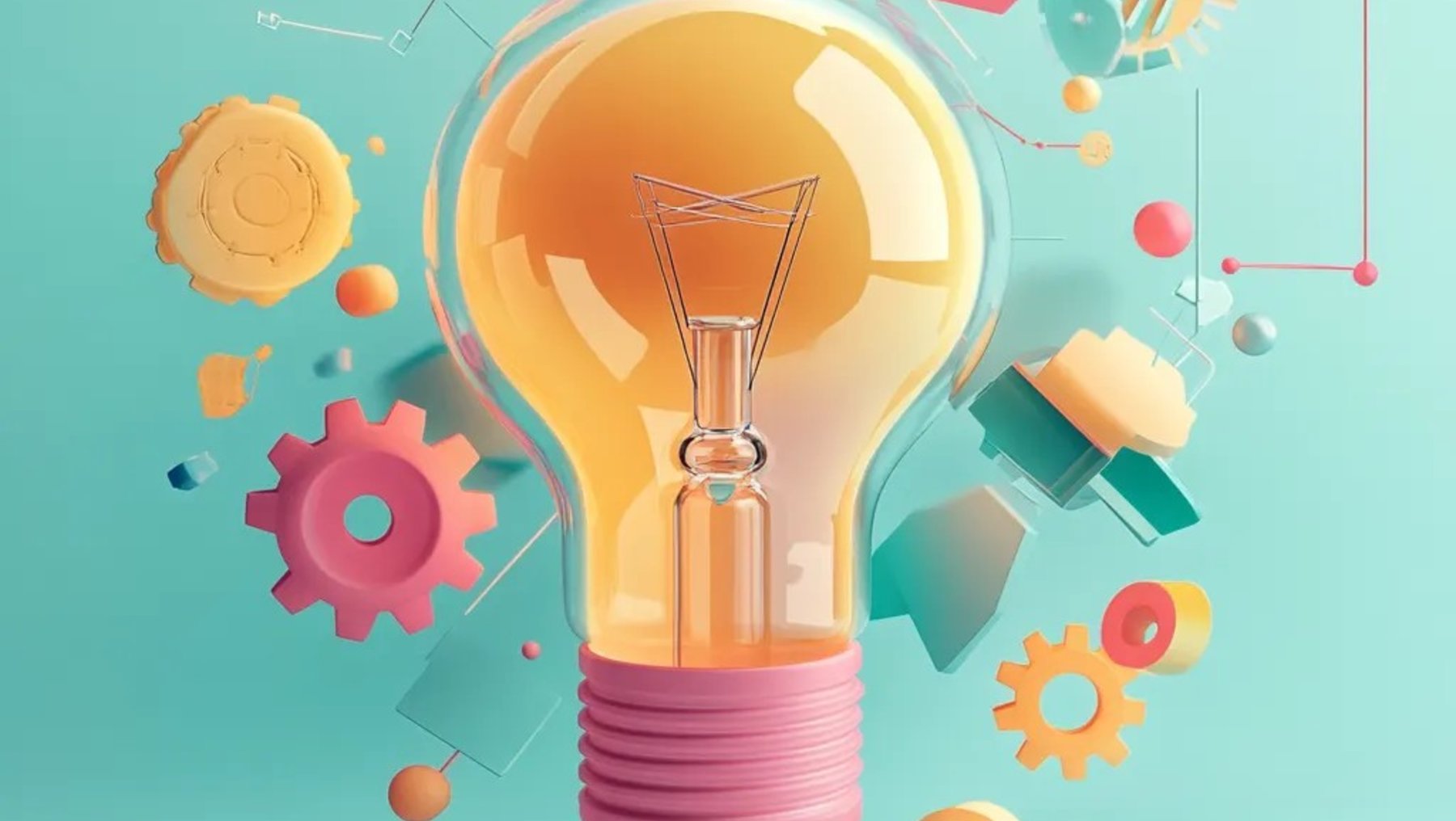 Eine leuchtende Glühbirne im Zentrum, umgeben von bunten geometrischen Formen wie Zahnrädern, Kreisen und Vierecken, symbolisiert Kreativität und innovative Ideen.
