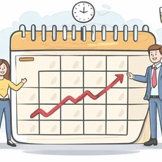 Drei Personen stehen vor einem großen Kalender mit einem steigenden Graphen, der positive Entwicklung zeigt. Sie wirken zufrieden und besprechen gemeinsam die Planung oder Erfolge.