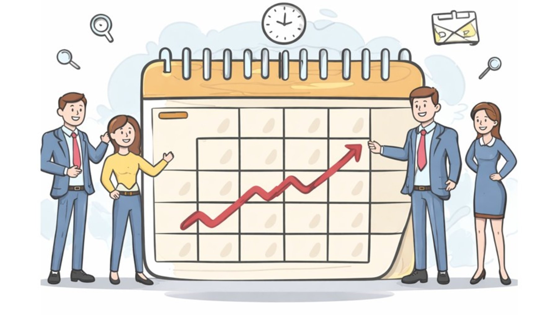 Drei Personen stehen vor einem großen Kalender mit einem steigenden Graphen, der positive Entwicklung zeigt. Sie wirken zufrieden und besprechen gemeinsam die Planung oder Erfolge.