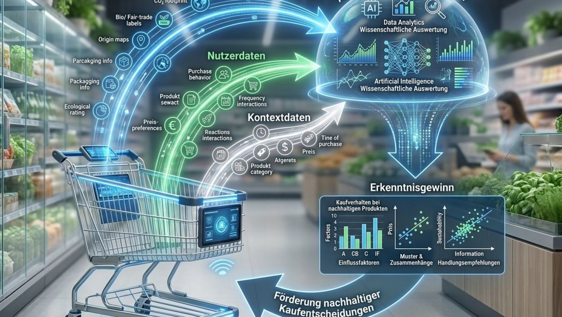 Ein Einkaufswagen in einem Supermarkt sammelt verschiedene Nutzer- und Kontextdaten wie Produktpräferenzen, Standort und Kaufhistorie. Diese Daten werden analysiert, um nachhaltige Kaufentscheidungen durch KI-gestützte Auswertungen und personalisierte Empfehlungen zu fördern. KI-generiert mit davinci.