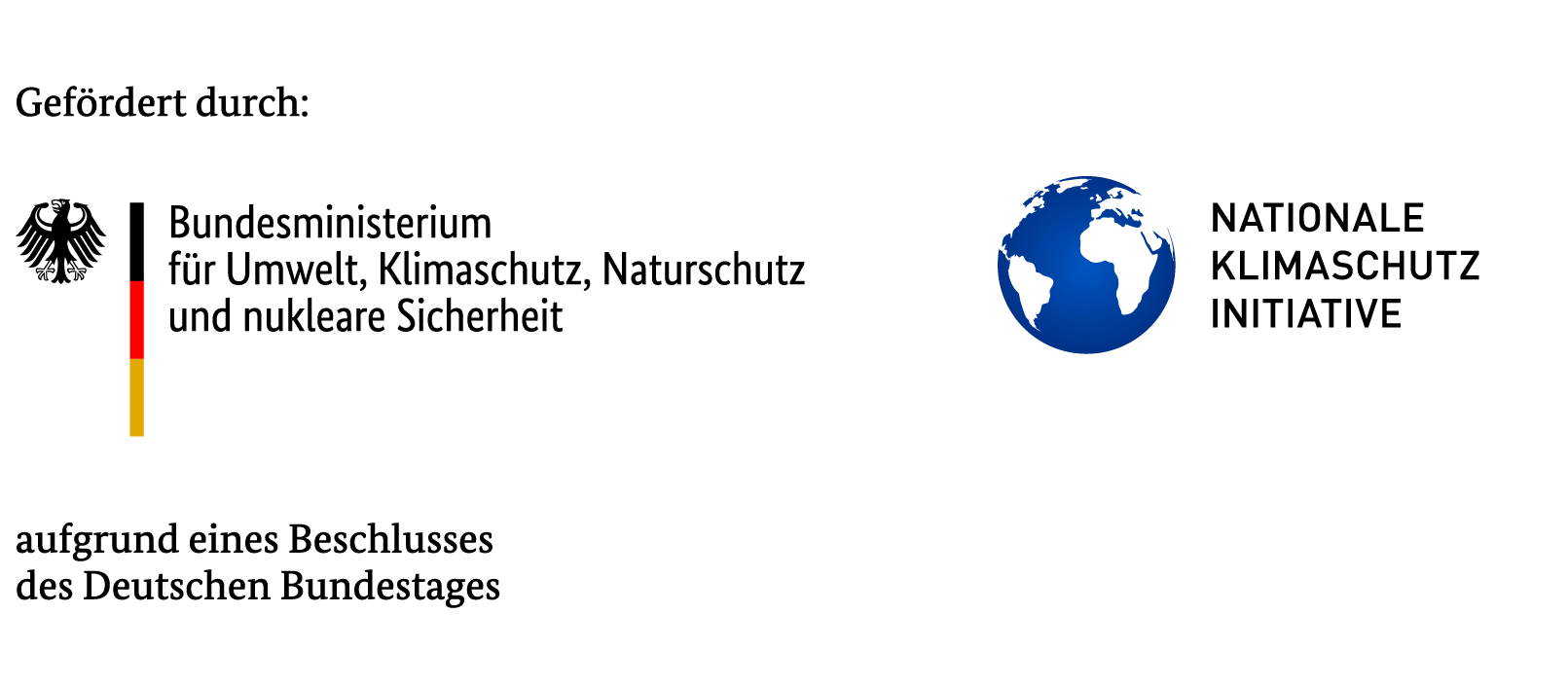 Logo des Bundesministeriums für Umwelt, Klimaschutz, Naturschutz und nukleare Sicherheit mit dem Zusatz „gefördert aufgrund eines Beschlusses des Deutschen Bundestages“ sowie das Logo der Nationalen Klimaschutzinitiative.