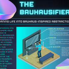 "Die Bachelor-Abstrahler-Installation: Dieses Konzept verwandelt Every Move in Echtzeit in bauhausinspirierte, farbige Abstraktionen. Eine Kamera fängt Bewegungen ein und nutzt KI sowie eine Umfangreiche Projektion mit Display- und KI-System. Eine kreative Mitte aus Mensch und Technologie." (50 Wörter)