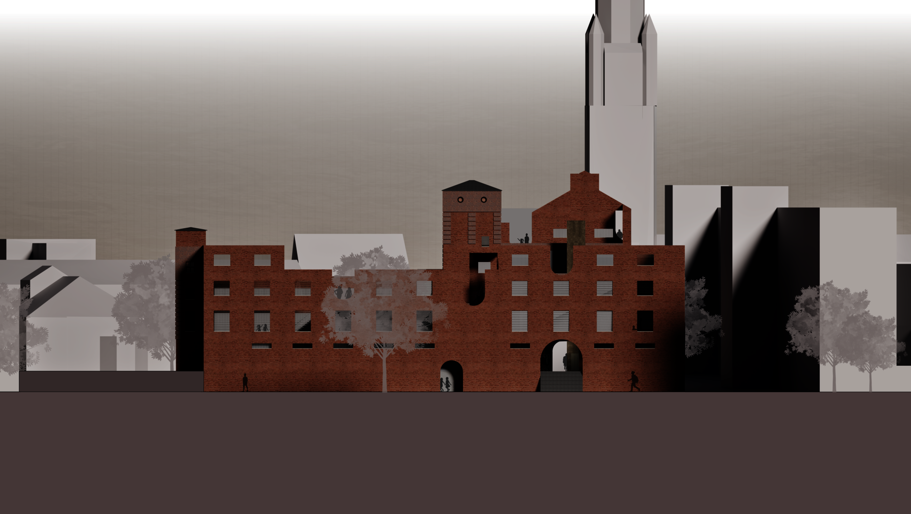 Großes, rotes Backsteingebäude mit zwei markanten Türmen und einem zentralen Torbogen im Vordergrund. Im Hintergrund moderne Hochhäuser und leichte Silhouetten von Bäumen, alles in monochromer Graustufe.