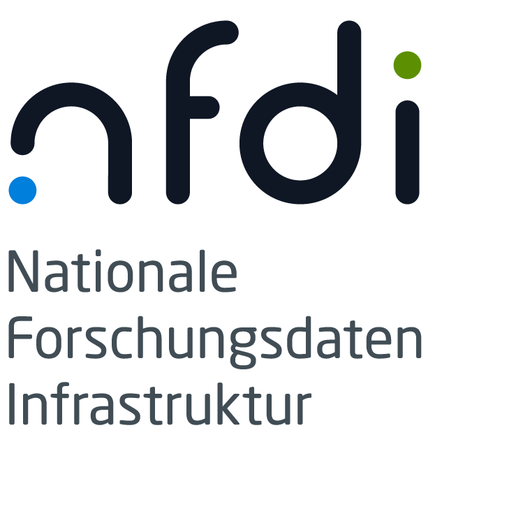 Logo der Nationalen Forschungsdateninfrastruktur mit der Abkürzung „nfdi“ in stylisierter Schrift, wobei das „f“ durch einen blauen Punkt und das „i“ durch einen grünen Punkt ergänzt wird.
