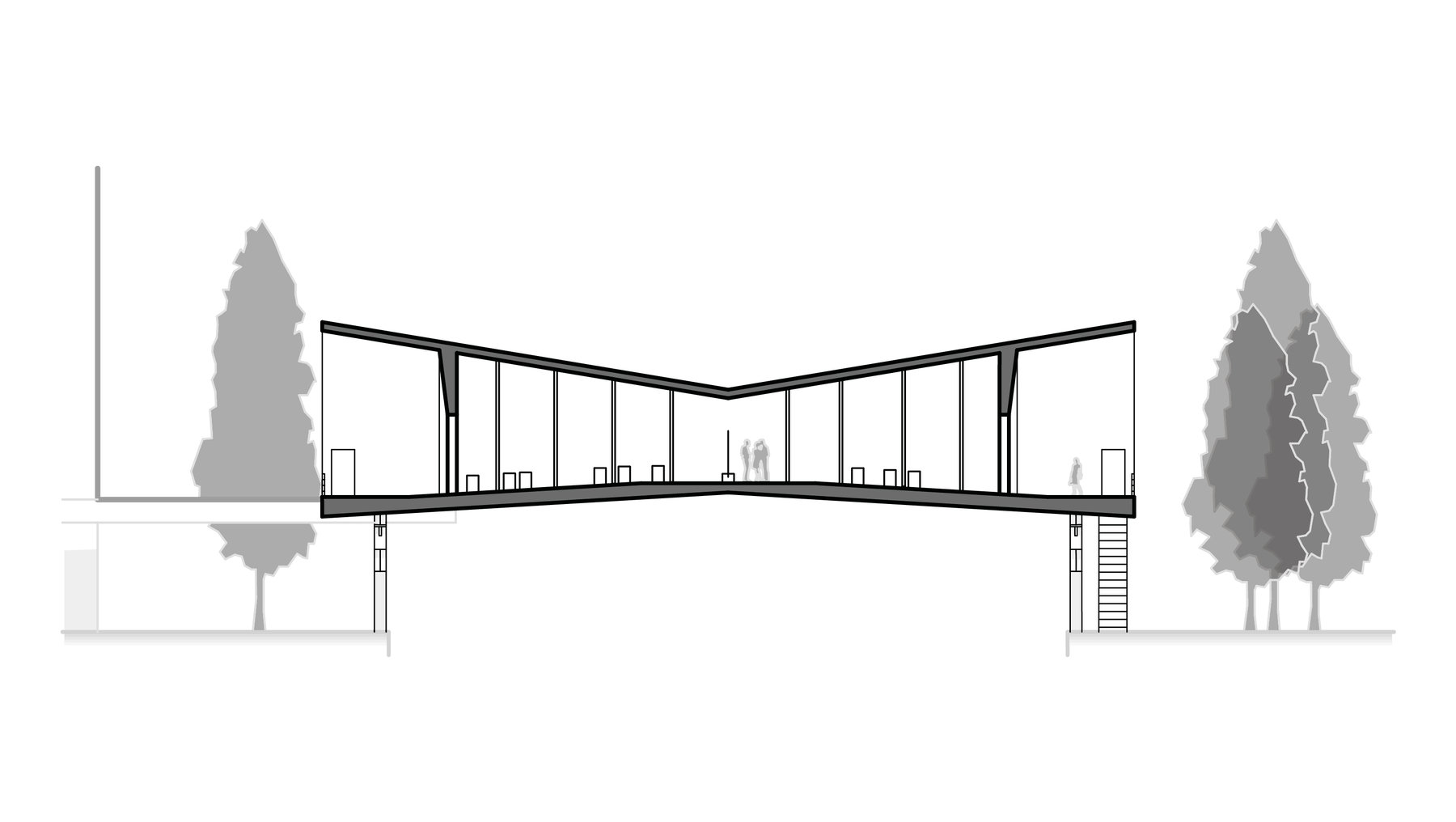 Moderne Fußgängerbrücke mit schräg verlaufenden Stützen und Geländer, die zwei Seiten verbindet. Im Hintergrund je ein Baum auf jeder Seite, darunter ein Treppenaufgang links und eine Rampe rechts.
