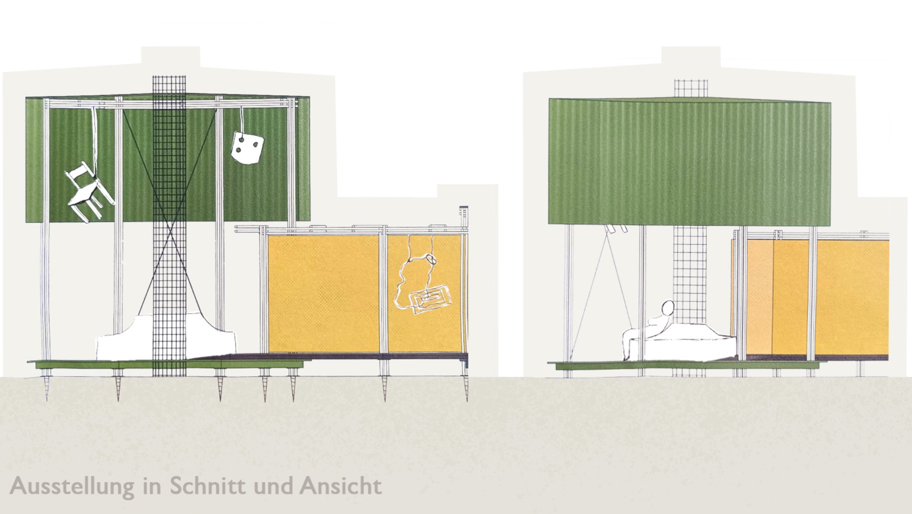 Zwei Seitenansichten einer kleinen Ausstellungshalle im Schnitt. Links ist ein Rollstuhl vor einem grünen Vorhang und einem gelben Wandbereich mit einer Skizze zu sehen. Rechts befindet sich eine Person, die eine Leinwand hält, ebenfalls vor dem grünen Vorhang und gelben Wandflächen.