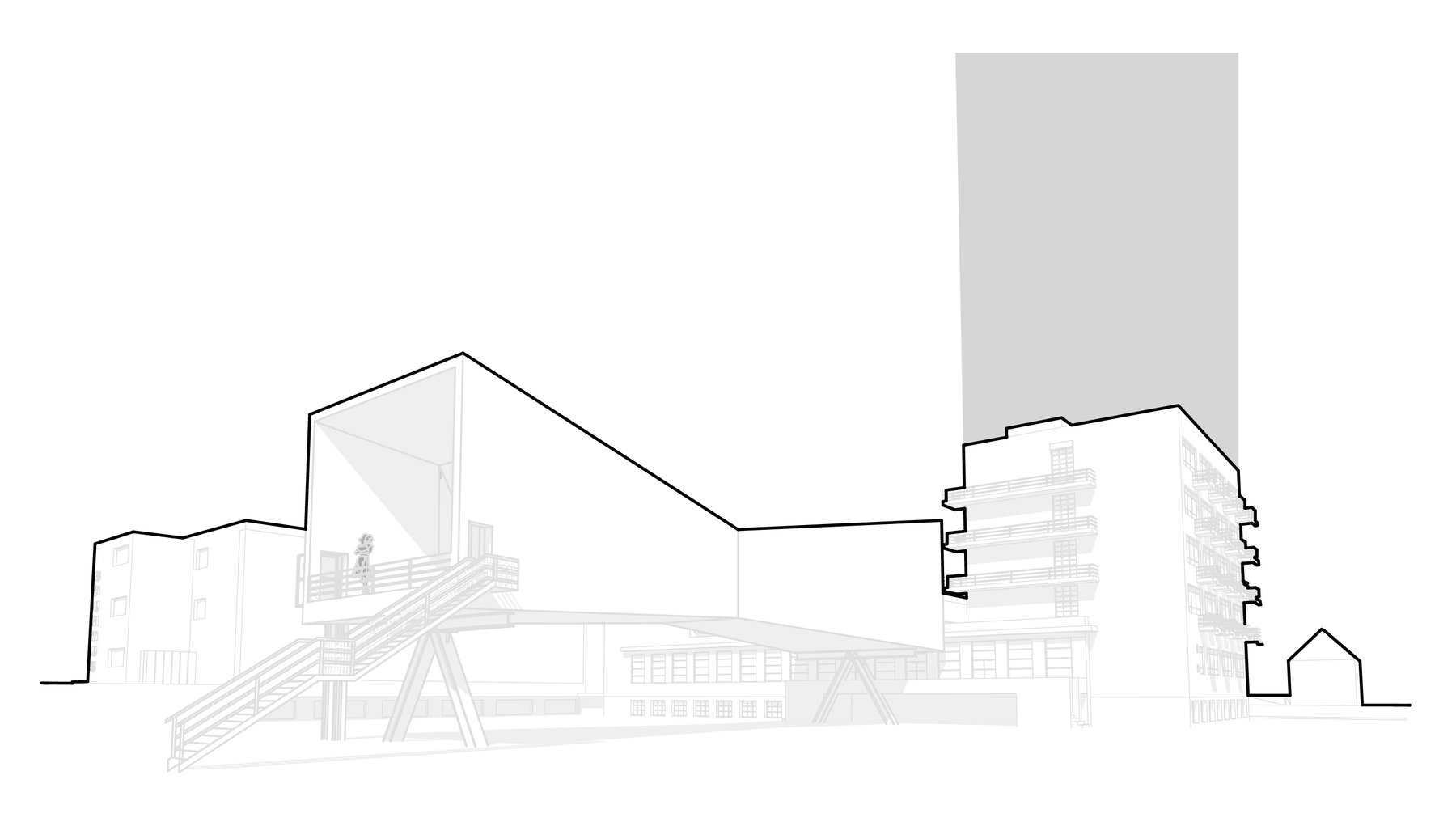 Skizze eines modernen Gebäudekomplexes mit markanten, unregelmäßigen Dachformen und mehreren Stockwerken. Im Vordergrund ein flacher, langgezogener Bau mit schrägem Dach, dahinter höhere Gebäude mit abgestuften, gezackten Dachsilhouetten und einem zentralen, höheren Turm.