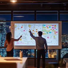 Zwei Personen stehen vor einer großen Whiteboard-Präsentation mit handgezeichneten Diagrammen, Post-its in verschiedenen Farben und Notizen zu Projektplanung oder Strategieentwicklung, während sie auf Inhalte zeigen.
