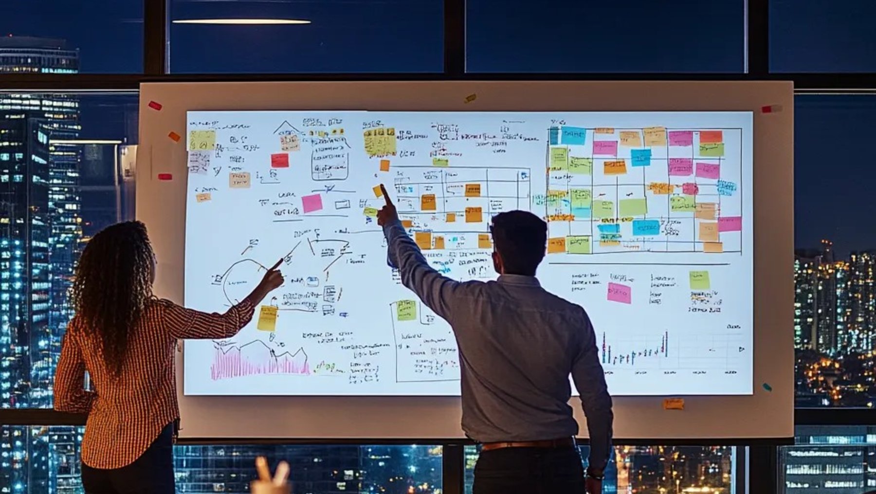 Zwei Personen stehen vor einer großen Whiteboard-Präsentation mit handgezeichneten Diagrammen, Post-its in verschiedenen Farben und Notizen zu Projektplanung oder Strategieentwicklung, während sie auf Inhalte zeigen.