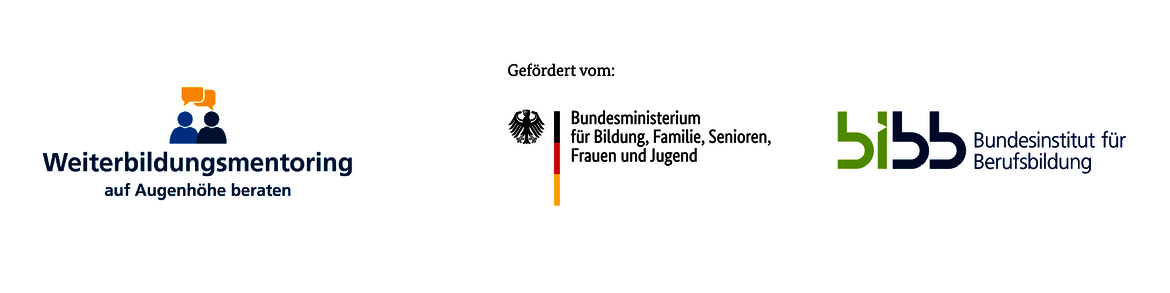 Logo mit zwei Logos: Links „Weiterbildungsmentoring auf Augenhöhe beraten“ mit zwei Personen-Silhouetten, gefördert vom Bundesministerium für Bildung, Familie, Senioren, Frauen und Jugend sowie dem BIBB (Bundesinstitut für Berufsbildung).