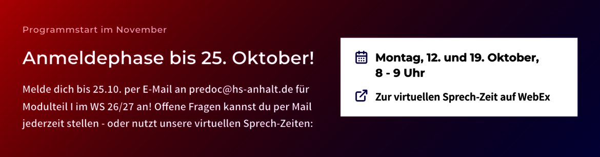 Banner mit Hinweis zur Anmeldefrist für ein Modul im Wintersemester. Deadline ist der 25. Oktober. Virtuelle Sprechstunden finden am 12. und 19. Oktober zwischen 8 und 9 Uhr statt, zusätzlich zu jederzeit möglichen E-Mail-Kontakten.