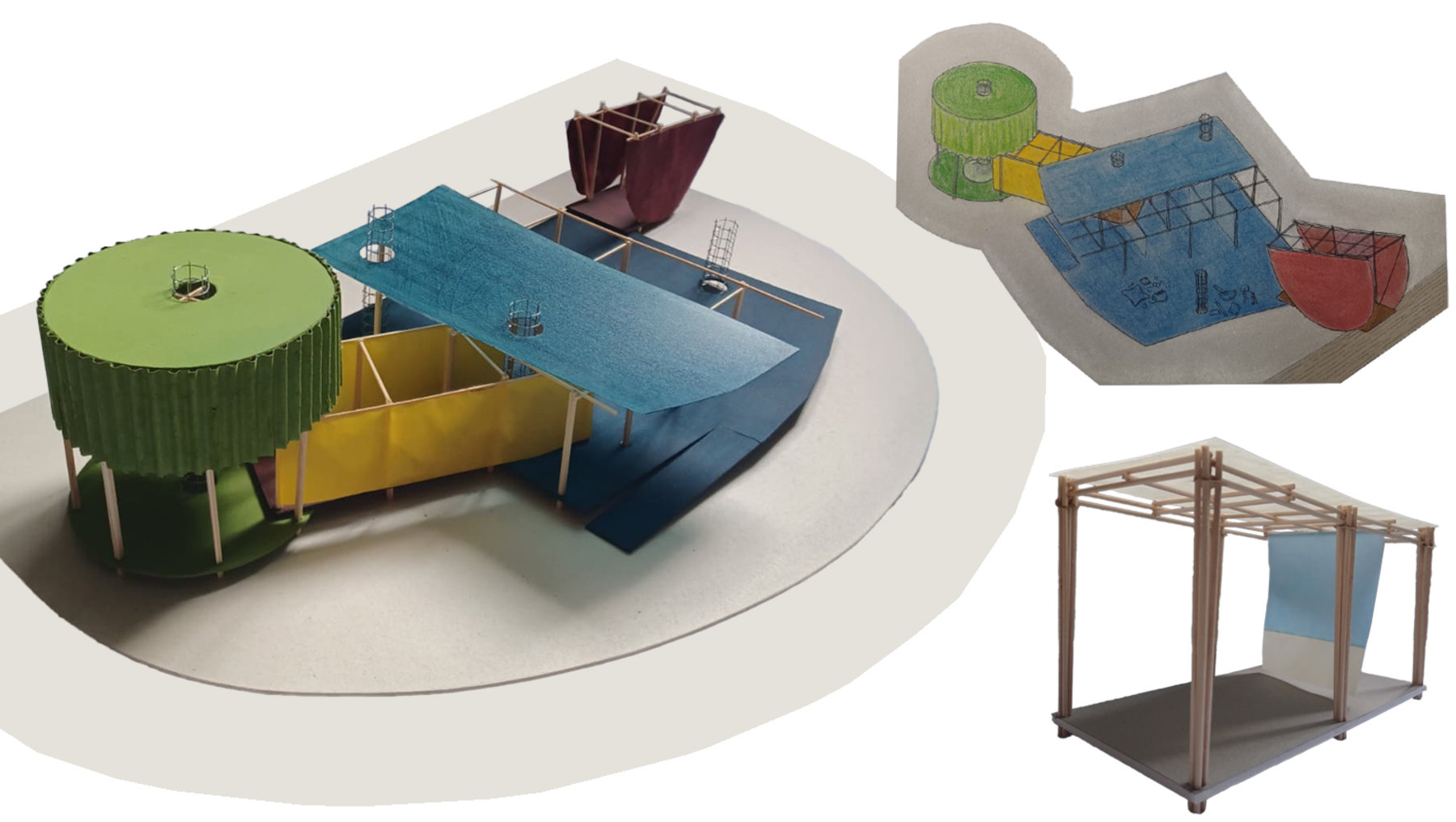 Modell eines schwimmenden Pavillons mit zwei grünen zylindrischen Aufbauten, einem blauen Dach und gelben Stützen. Im Hintergrund ein rotes Boot sowie eine Schnittdarstellung mit Innenraum und Treppe. Separate Skizze zeigt einen kleinen, offenen Pavillon mit Holzgestell und blauer Plane.