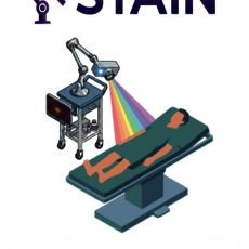 Illustration eines medizinischen Robotersystems namens STAIN, das einen Patienten auf einem Operationstisch mit einem präzisen, farbigen Laserstrahl behandelt, entwickelt an der Hochschule Anhalt.