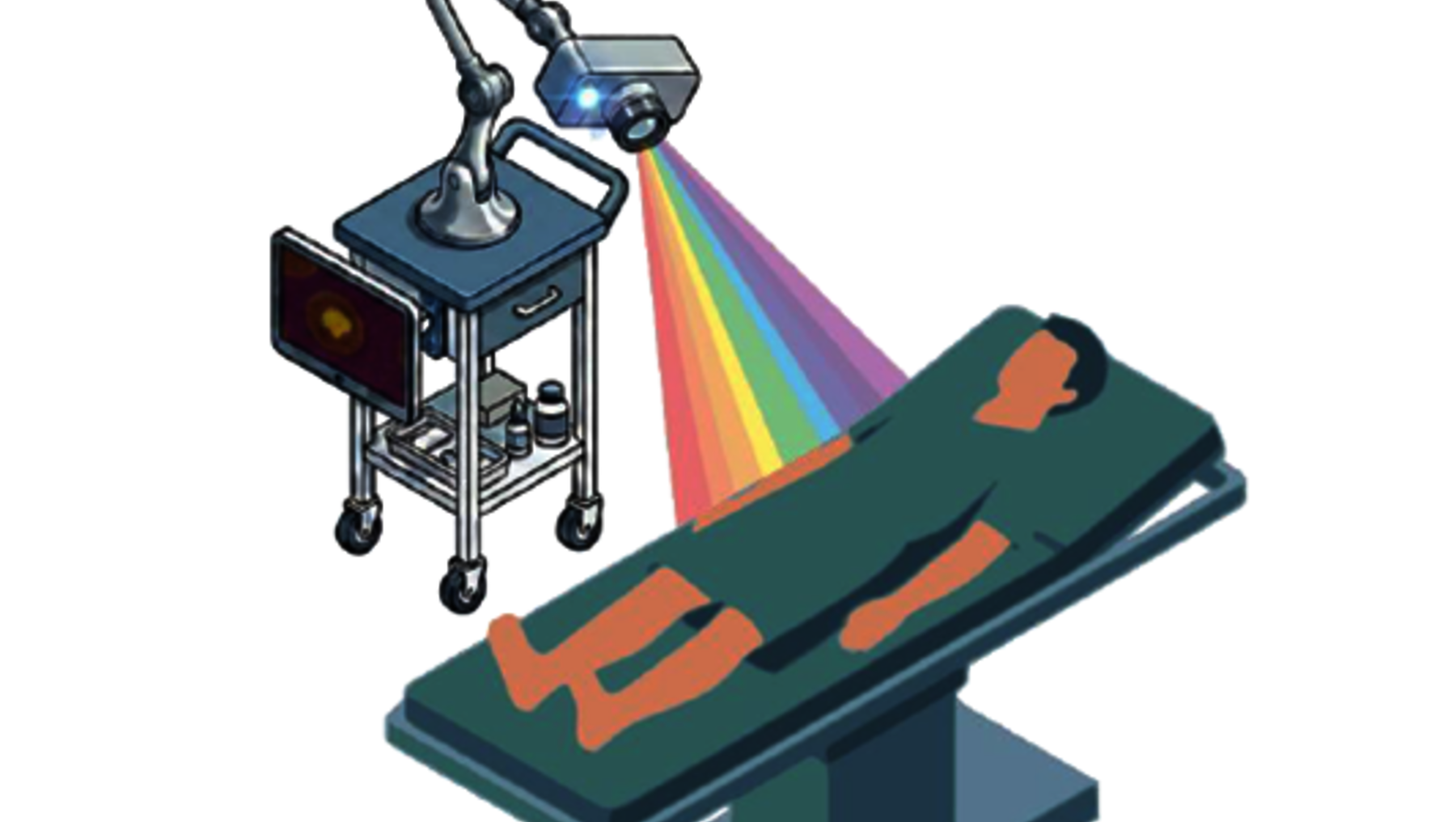 Illustration eines medizinischen Robotersystems namens STAIN, das einen Patienten auf einem Operationstisch mit einem präzisen, farbigen Laserstrahl behandelt, entwickelt an der Hochschule Anhalt.