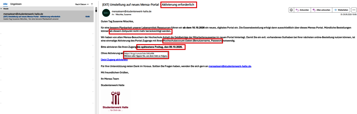 Bildschirmfoto eines Online-Formulars zur Aktivierung eines neuen Mensa-Portals mit rot markierten Feldern für E-Mail-Adresse und Passwort. Unten steht der Hinweis auf eine Deadline bis zum 30.09.2025 um 13 Uhr.