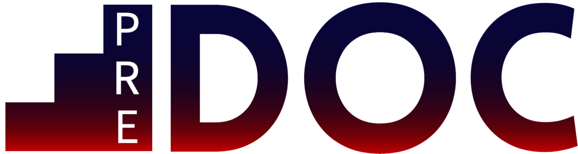 Logo mit dem Schriftzug „PRE DOC“ – „PRE“ in kleinerer Schrift mit einem stilisierten, roten Pfeil nach oben daneben, „DOC“ in großen, blauen Buchstaben.