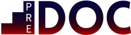 Logo mit dem Schriftzug „PRE DOC“ – „PRE“ in kleinerer Schrift mit einem stilisierten, roten Pfeil nach oben daneben, „DOC“ in großen, blauen Buchstaben.