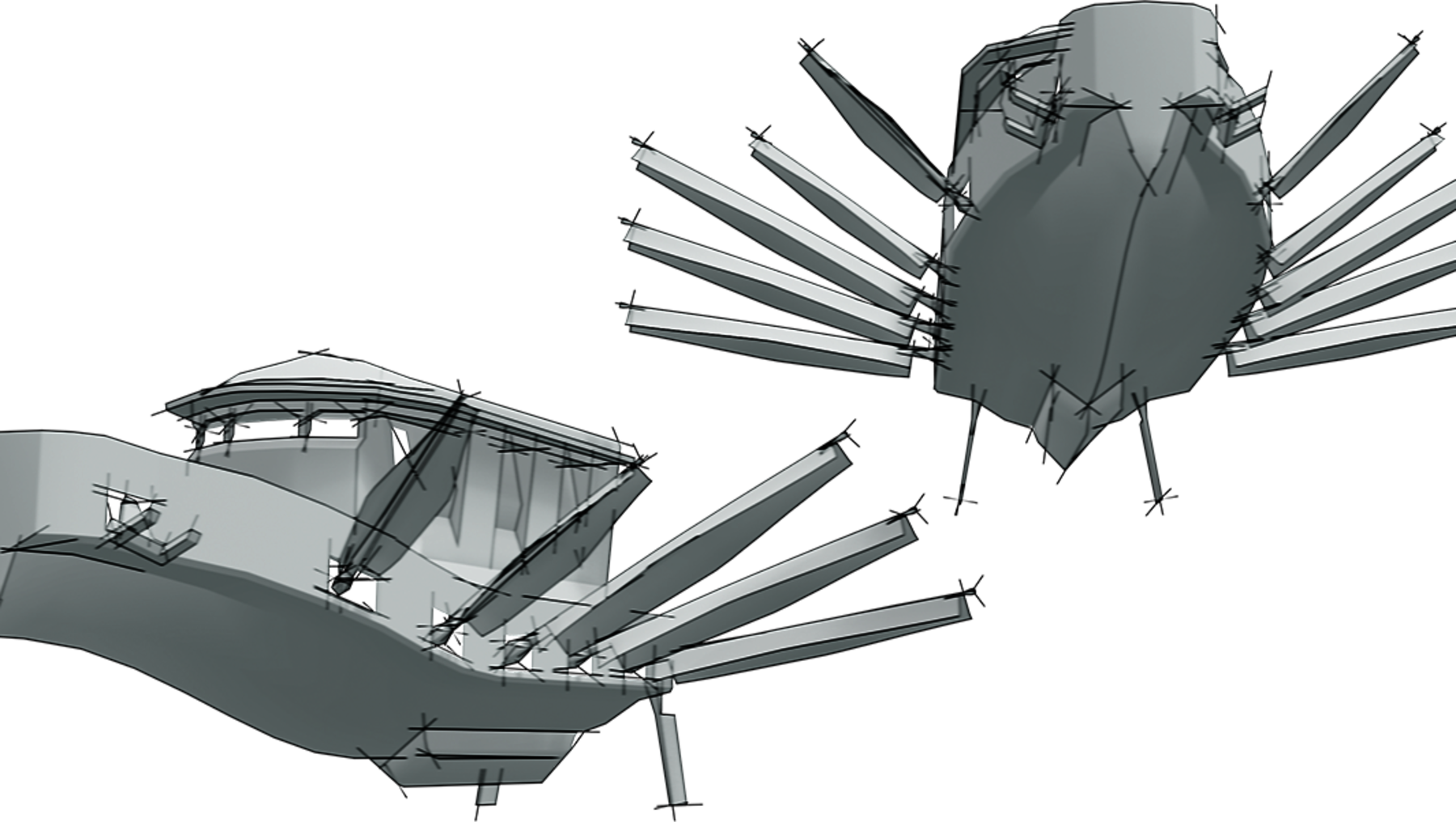 Drei schematische, transparente 3D-Modelle von Windturbinenflügeln in verschiedenen Ausrichtungen, die an einem zentralen Turm befestigt sind, dargestellt in Graustufen.