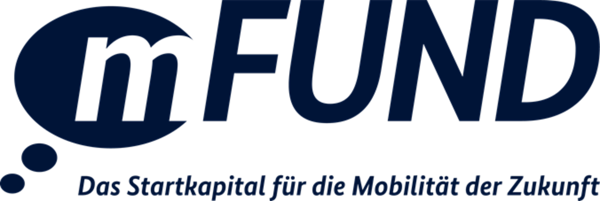 "Logo von mFUND: 'mFUND – Das Startkapital für die Mobilität der Zukunft'. Der mFUND fördert Innovationen im Bereich der zukünftigen Mobilität."