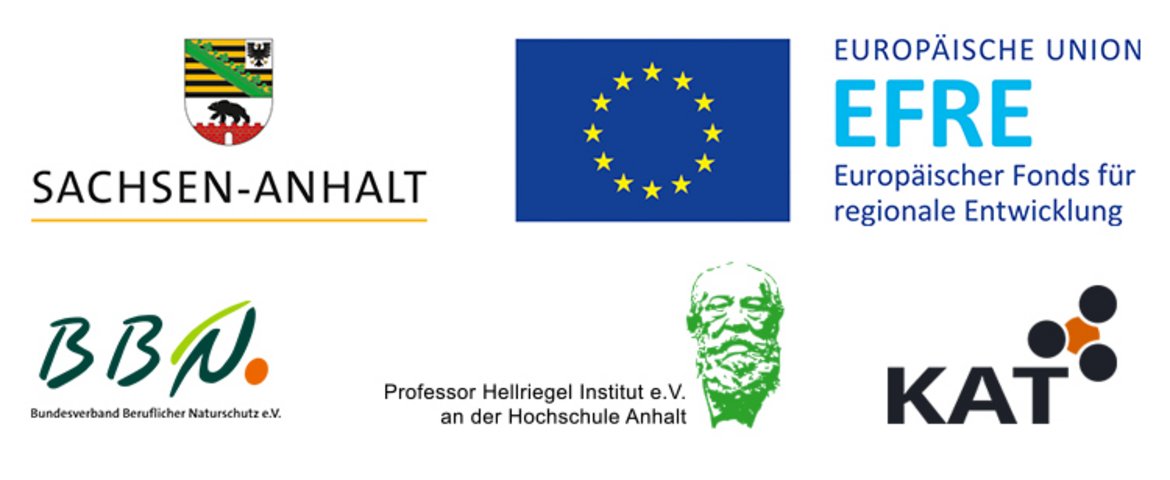 Logozeile mit Logos verschiedener Institutionen: Sachsen-Anhalt, Europäische Union mit EFRE (Europäischer Fonds für regionale Entwicklung), Professor Hellriegel Institut an der Hochschule Anhalt sowie die Organisationen BBN (Bundverband Berufsförderung Naturschutz) und KAT.