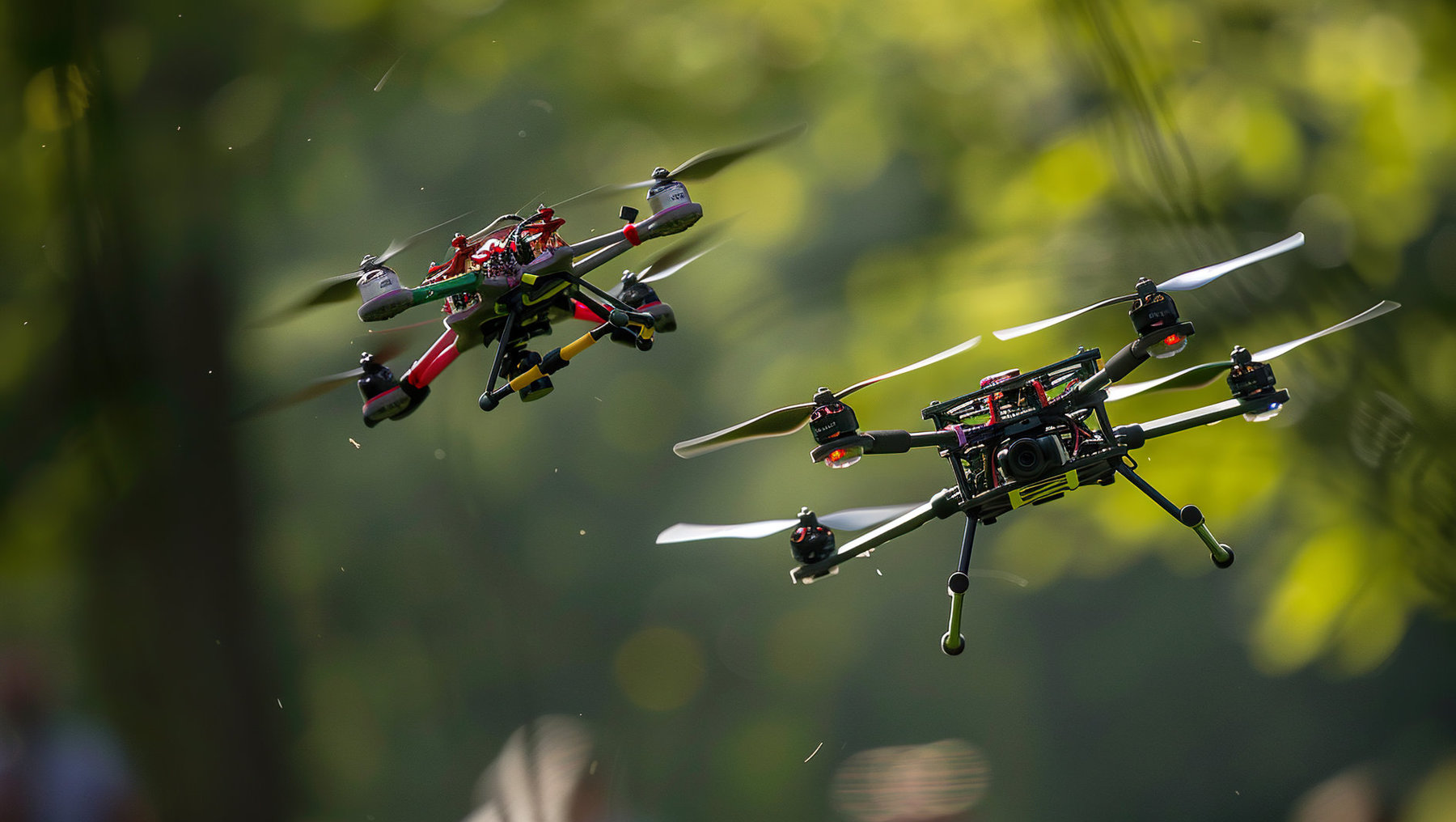 Zwei Drohnen fliegen im Freien, eine mit farbiger, dekorativer Struktur und vier Rotoren, die andere technisch mit Kamera und vier Propellern.