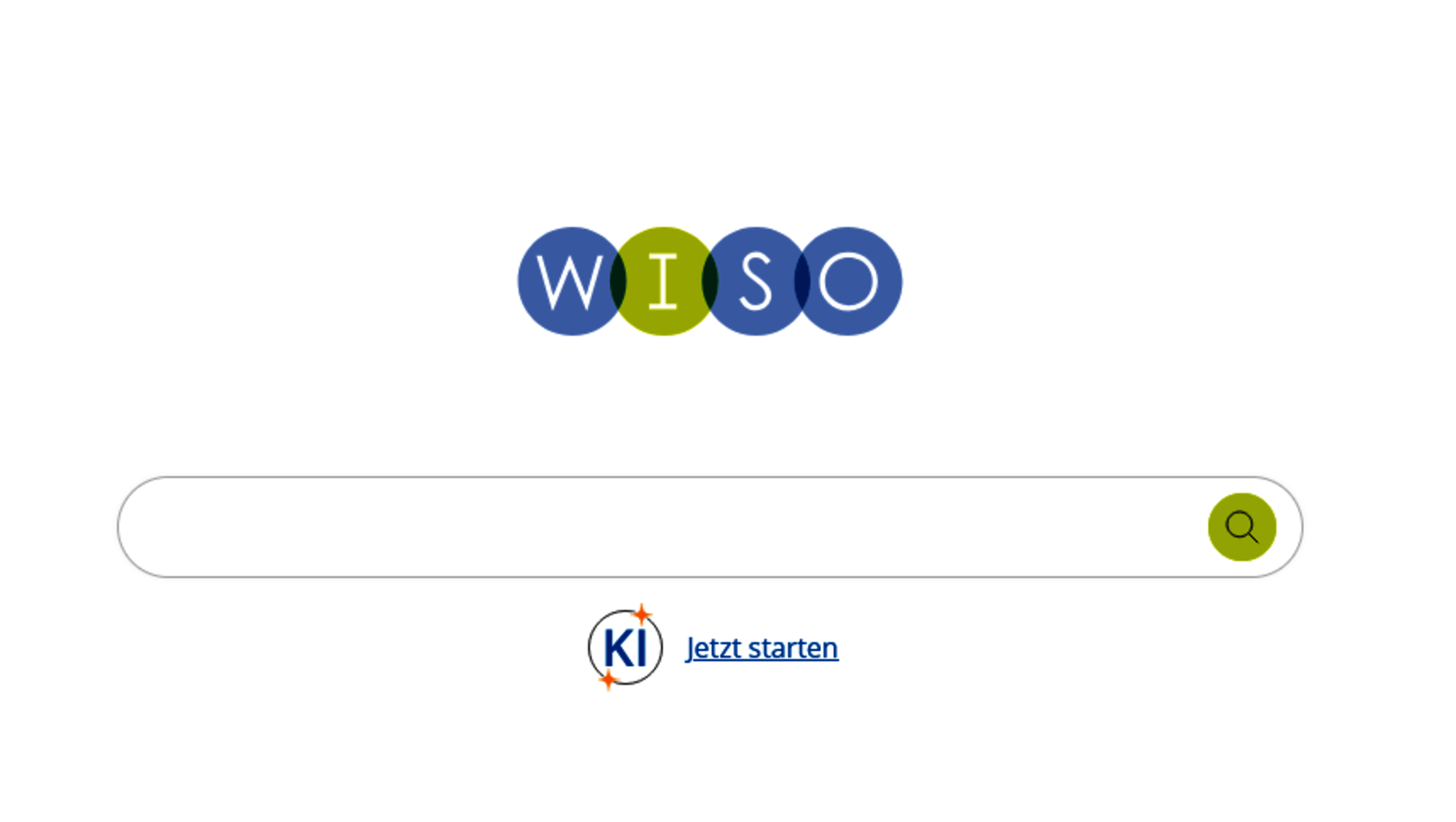 "Logo mit den Buchstaben W, I, S, O in blauen und grünen Kreisen. Darunter ein Suchfeld mit einem grünen Lupa-Symbol. Unten links ein kleines Logo mit den Buchstaben 'KI' und der Text 'Jetzt starten'."