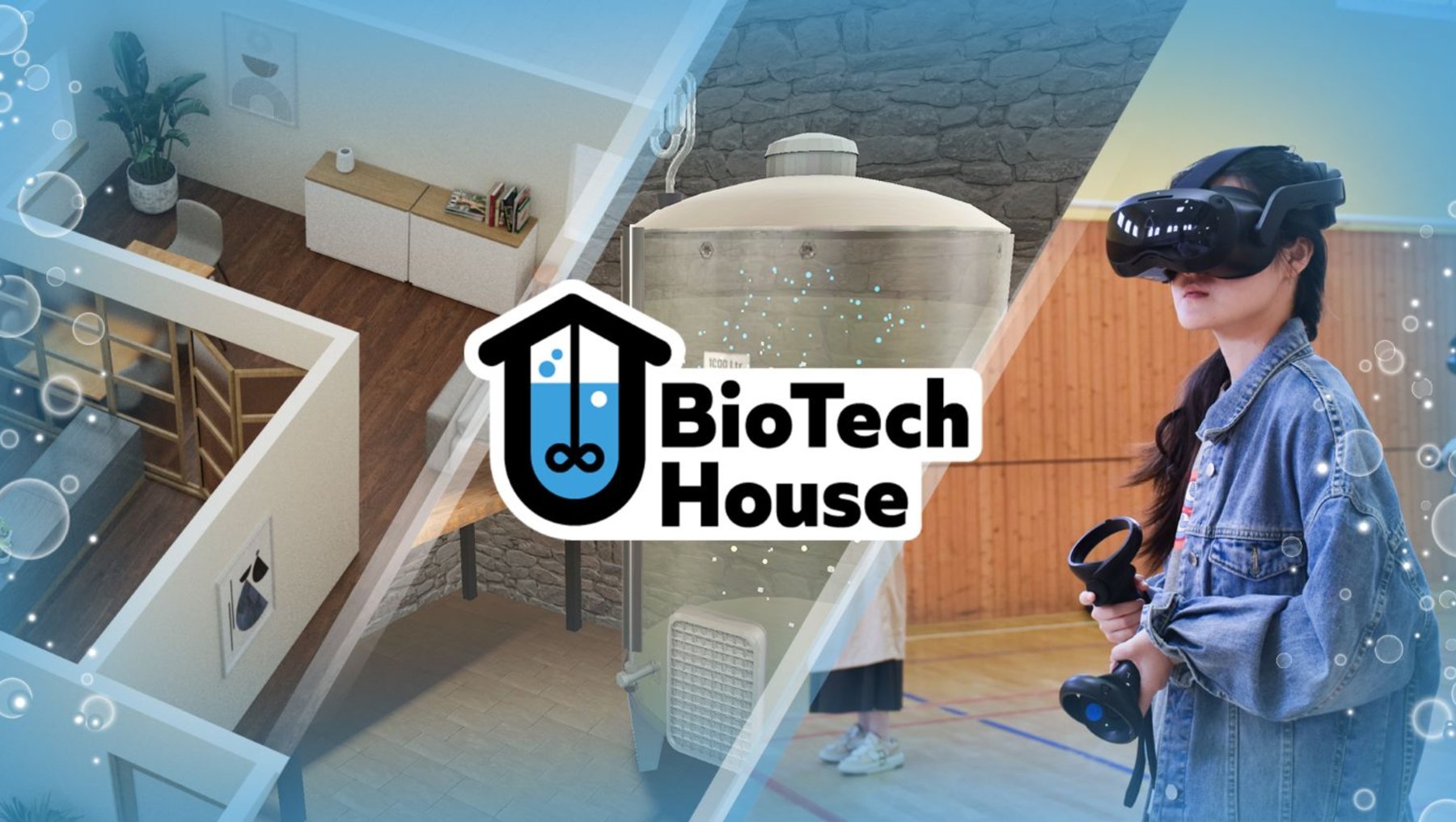 Eine Person nutzt eine Virtual-Reality-Brille und hält einen Controller, während im Hintergrund ein modernes BioTech-Haus mit Laborgeräten und Wohnbereich zu sehen ist. Logo „BioTech House“ mit Reagenzglas-Symbol.