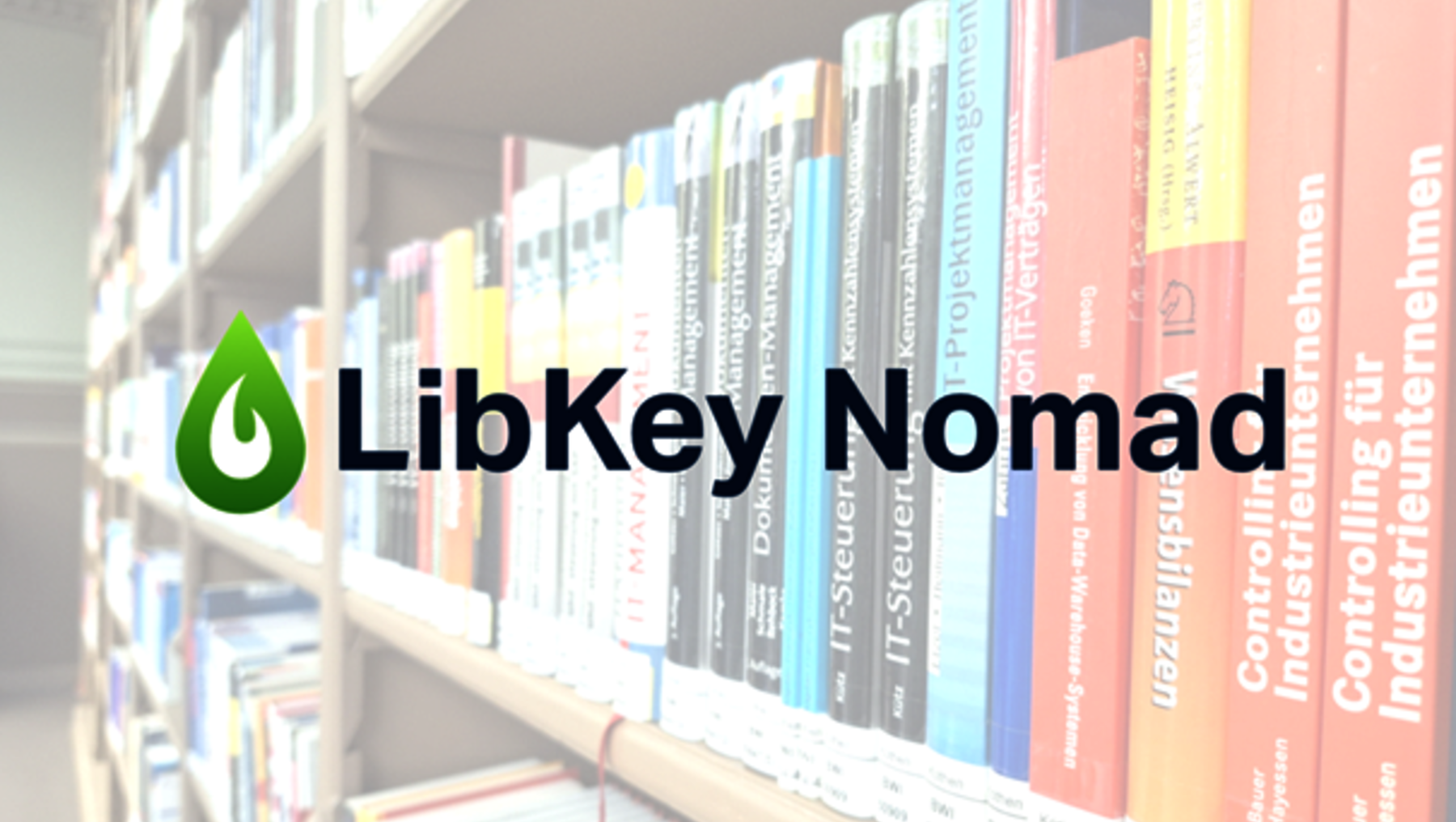 This image shows the library service named "LibKey Nomad." It features a catalog of books, indicating access to scholarly and academic texts.깥LibKey Nomad' assists in finding and exploring research materials. An emblem resembling a leaf and a droplet suggests knowledge delivered efficiently, likely in a digital format.
