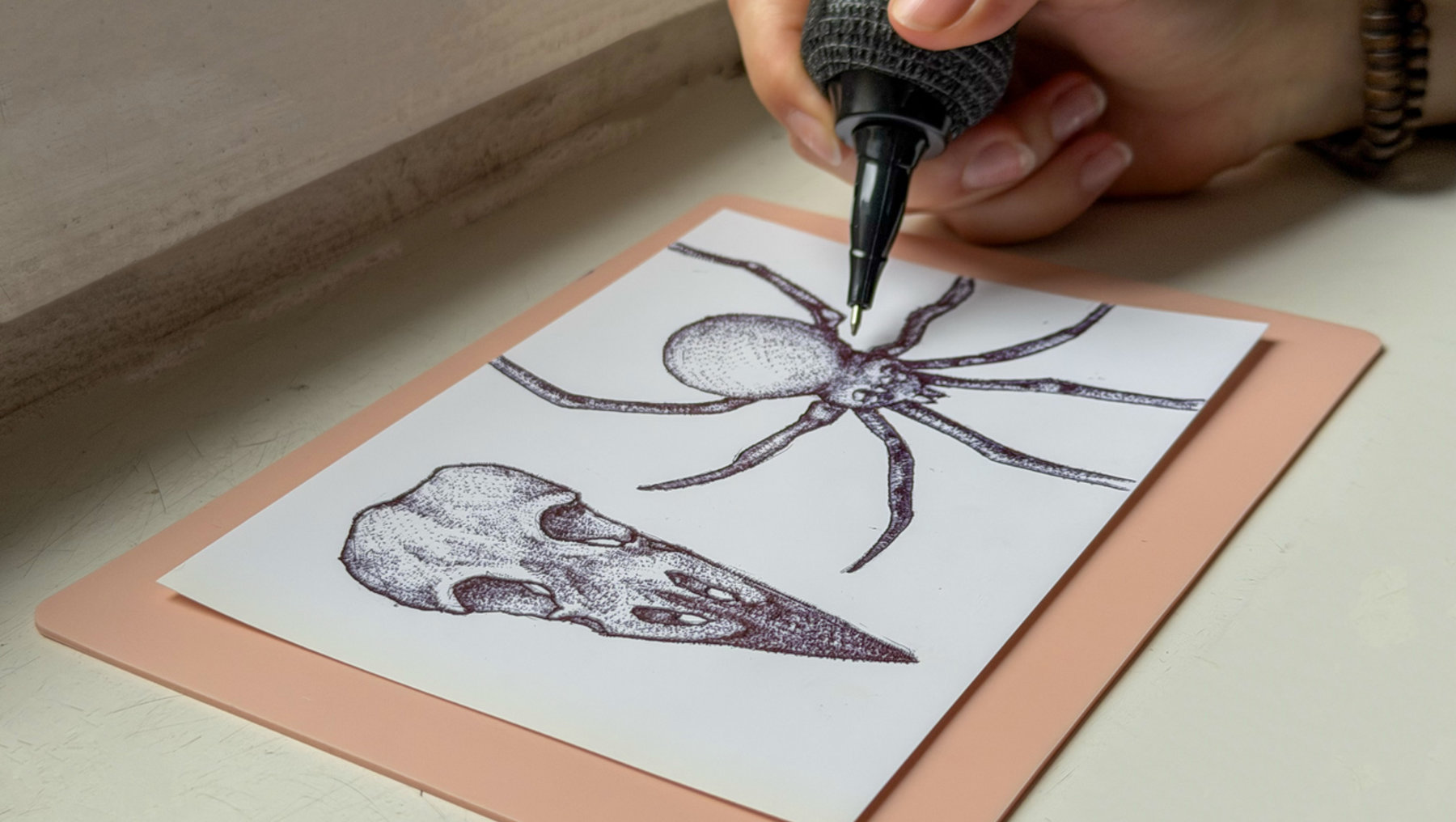 Eine Hand hält einen Fineliner und zeichnet eine Spinne mit acht Beinen und Körper auf ein Blatt Papier, das auf einer hellen Unterlage liegt.