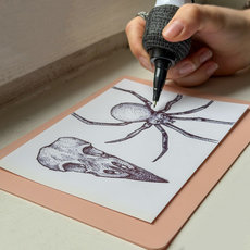 Eine Hand hält einen Fineliner und zeichnet eine Spinne mit acht Beinen und Körper auf ein Blatt Papier, das auf einer hellen Unterlage liegt.