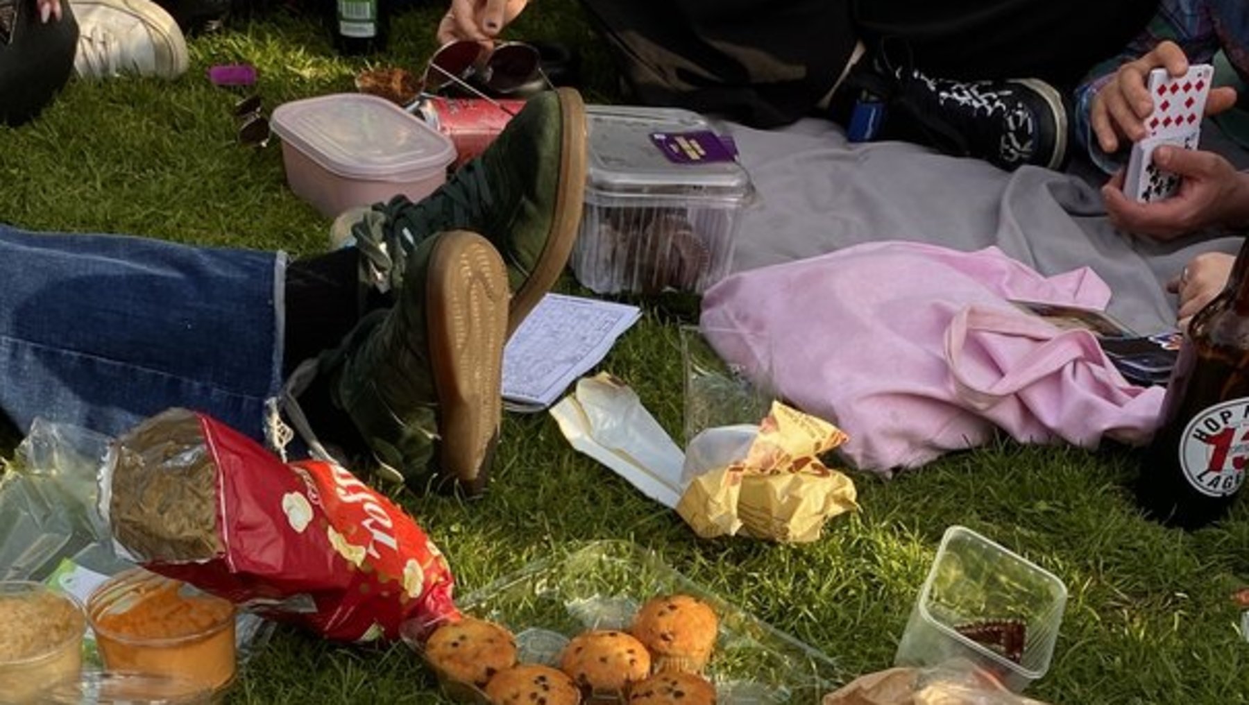 Picknick auf einer Decke mit verschiedenen Lebensmitteln: Brot, Käse, Wurst, Kekse, Chips, Obst und Getränke. Menschen sitzen im Hintergrund und unterhalten sich.
