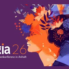 Plakat zur Regia 26: Unternehmerinnenkonferenz in Anhalt mit künstlerischer Darstellung eines Frauenprofils, das ein Gehirn und abstrakte Blumenmuster symbolisiert.