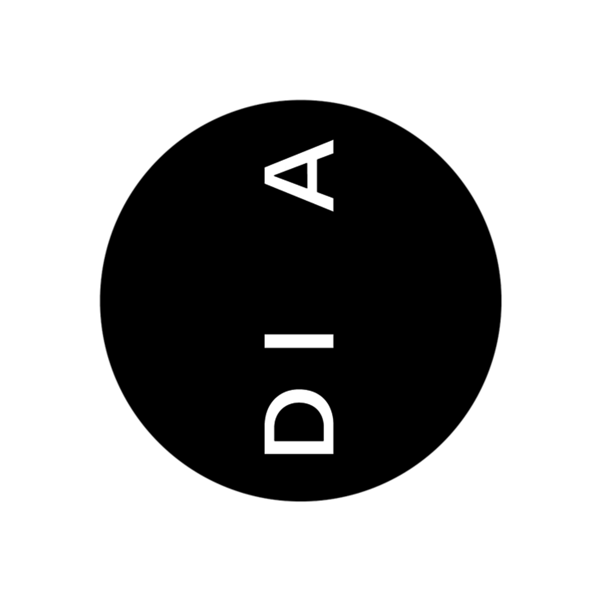 Weißer, moderner Schriftzug „DIA“ auf schwarzem Hintergrund, vertikal angeordnet.