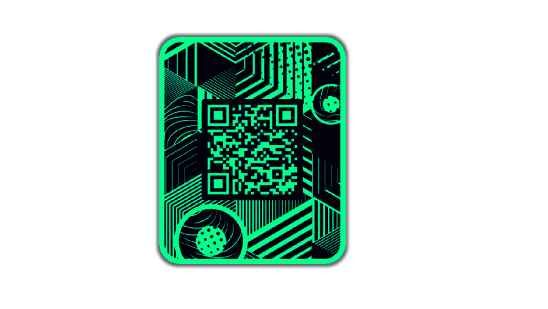 Grünes quadratisches QR-Code-Logo mit technischem, abstrakten Design im Hintergrund, umgeben von geometrischen Mustern und leuchtenden Linien.