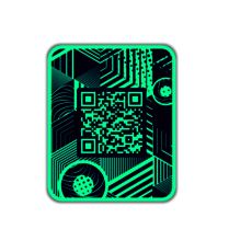 Grünes quadratisches QR-Code-Logo mit technischem, abstrakten Design im Hintergrund, umgeben von geometrischen Mustern und leuchtenden Linien.