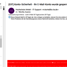Ein E-Mail-Supportdialog zur Konto-Sicherheit: Eine Warnmeldung vor einem gefälschten E-Mail-Konto wird angezeigt, inklusive Hinweis auf verdächtige Aktivitäten und Aufforderung zur Überprüfung der Kontosicherheit.