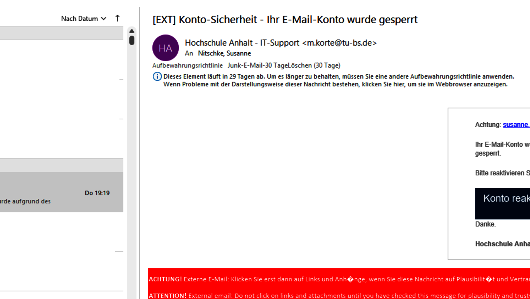 Ein E-Mail-Supportdialog zur Konto-Sicherheit: Eine Warnmeldung vor einem gefälschten E-Mail-Konto wird angezeigt, inklusive Hinweis auf verdächtige Aktivitäten und Aufforderung zur Überprüfung der Kontosicherheit.