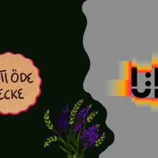 Ein schwarzer Hintergrund mit einem blühenden Lavendelzweig links und einem stilisierten, flammenden Logo der Abkürzung „UF“ rechts. Links steht der Text in einem Kreis: *„Anti Öde Ecke“*.