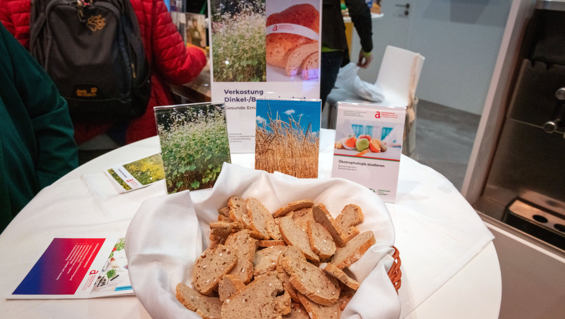 Auf einem Tisch liegen mehrere Informationsbroschüren zu gesunder Ernährung mit Fokus auf Dinkel und Brot, dazu ein Korb mit gerösteten Dinkelbrotstücken. Ein Flyer wirbt für das Studium der Ökotrophologie.