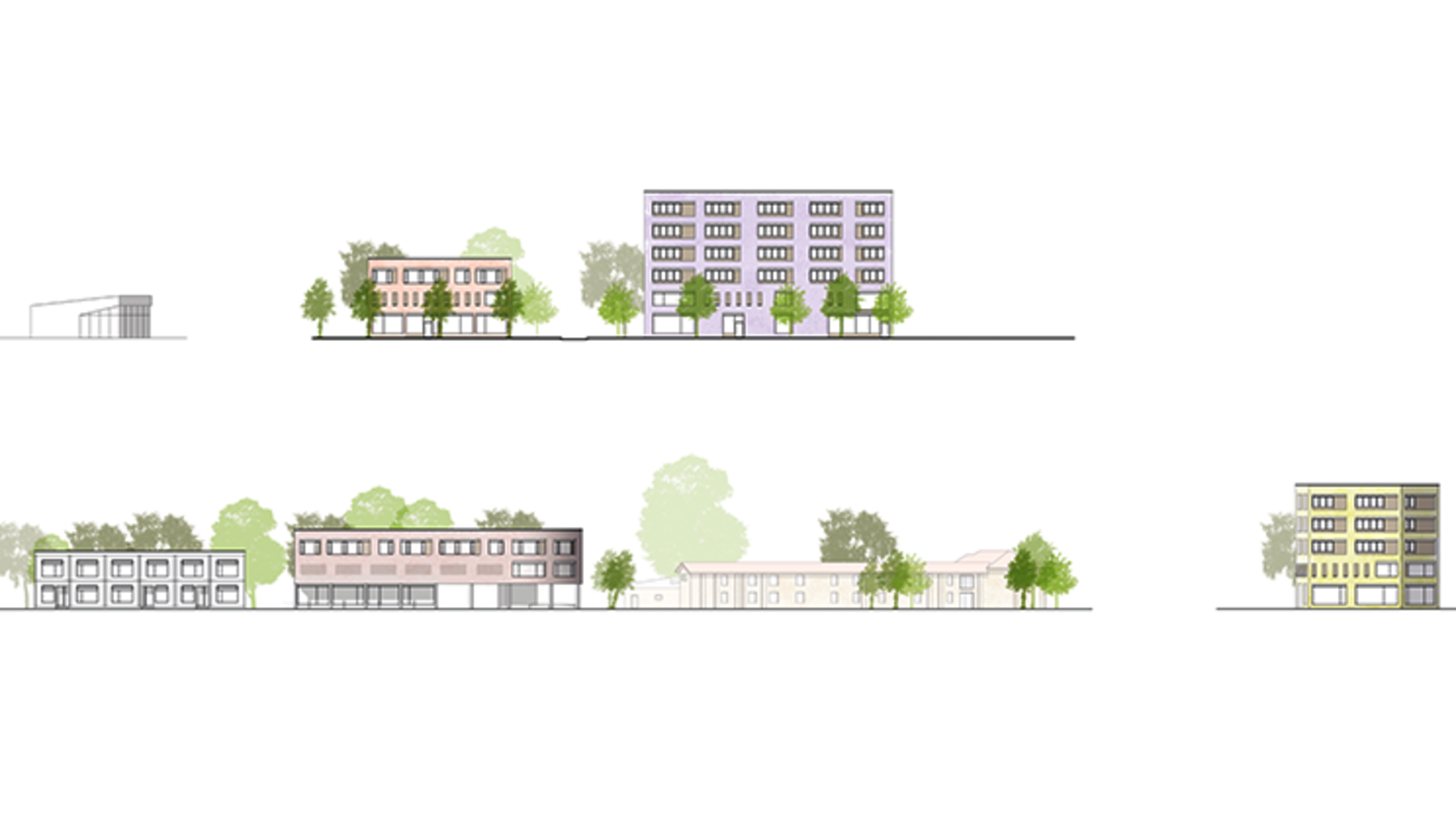 Drei moderne Wohngebäude in einer Grünanlage dargestellt. Oben ein langgestrecktes Mehrfamilienhaus mit vielen Fenstern und Bäumen vor der Fassade. Unten links ein niedrigeres Wohnhaus mit ebenerdigem Eingangsbereich und Bäumen, in der Mitte ein flacheres Gebäude mit Glasfront und Bäumen, rechts ein weiteres Mehrfamilienhaus mit Balkonen.