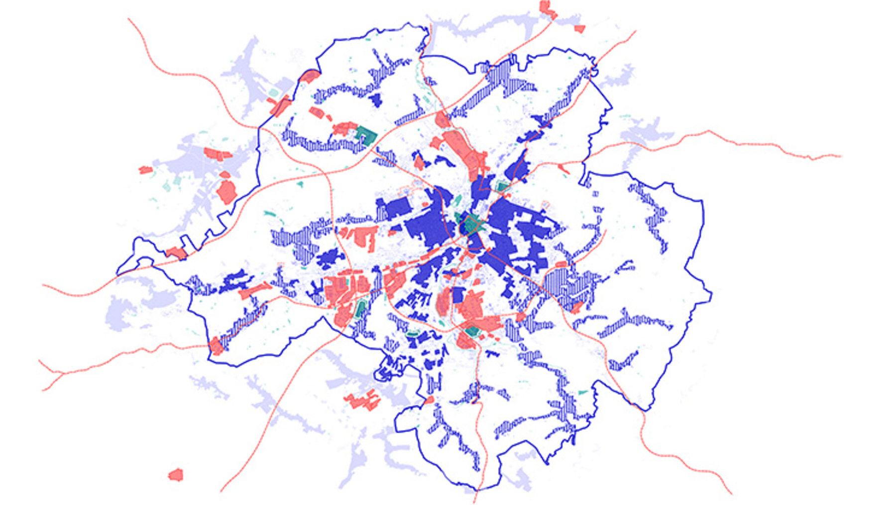 Karte von Österreich mit farblich markierten Regionen: dunkelblaue Flächen zeigen dichte Besiedlung oder urbane Zentren, hellblaue Bereiche ländliche Gebiete, rote Flächen mögliche Risikogebiete oder spezifische Datenpunkte wie Infektionsherde oder besondere Ereignisse.