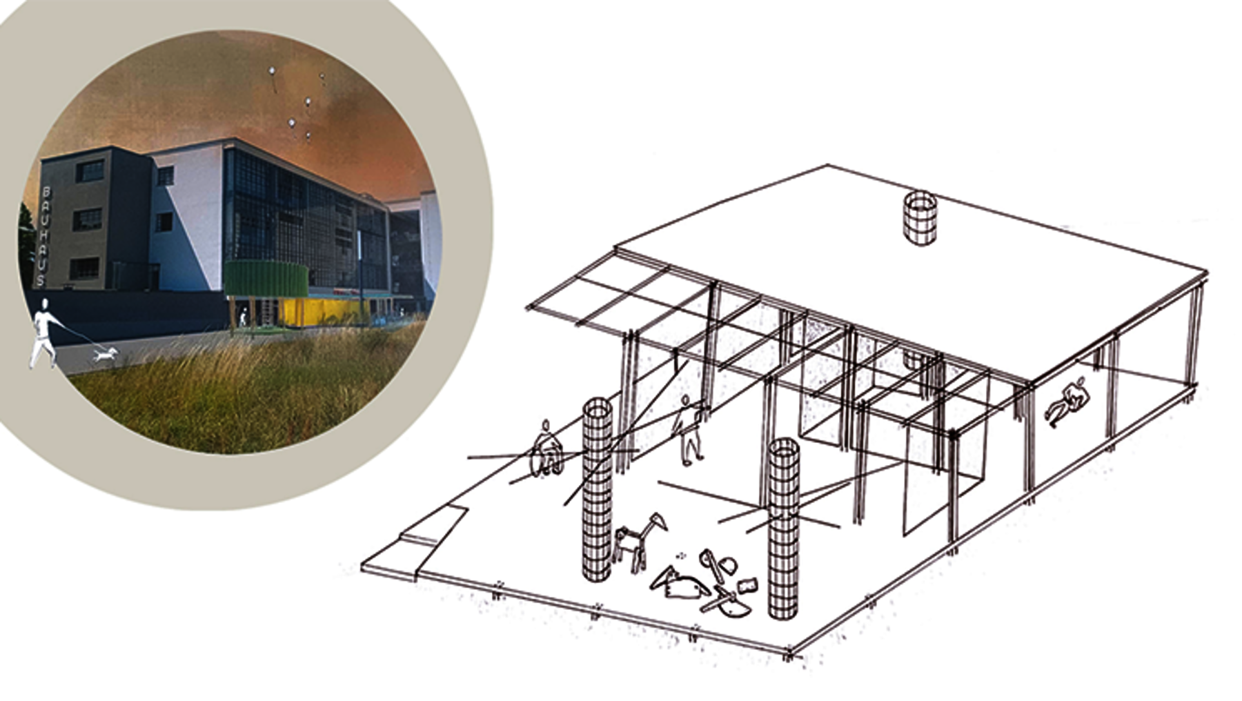 Moderne Wohngebäudeansicht mit flacher Dachkonstruktion und großen Fensterflächen, umgeben von Rasen. Daneben eine schematische Skizze des Gebäudes mit sichtbarem Innenaufbau, Treppen und Balkonen.
