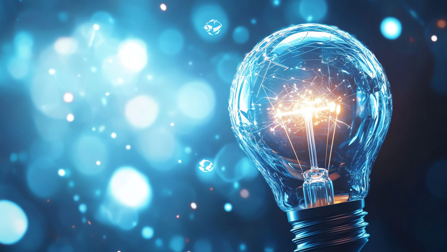 Leuchtende Glühbirne mit strahlendem Licht, umgeben von einem digitalen, bläulichen Netz aus Punkten und Linien, symbolisiert Innovation und kreative Ideen.