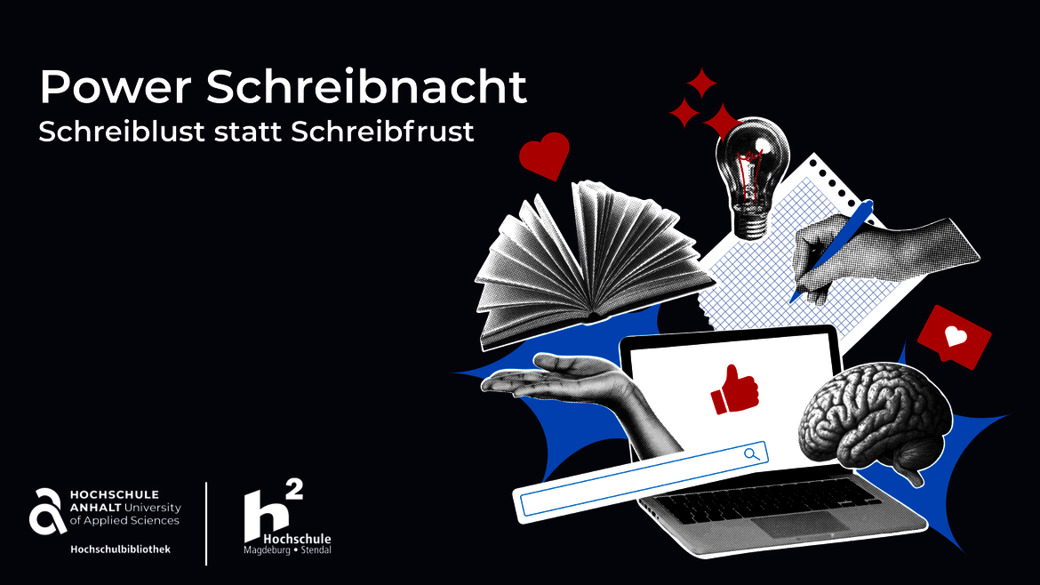 Plakat zur „Power Schreibnacht“ mit Motto „Schreiblust statt Schreibfrust“. Gezeigt werden ein offenes Buch, ein Laptop mit Daumen hoch, eine Glühbirne und ein Gehirn – symbolisch für kreatives Schreiben und Motivation.