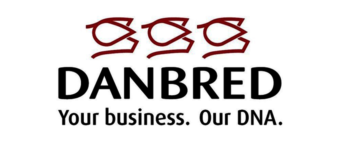 Logo der Firma Danbred mit drei stilisierten, roten DNA-Strang-Symbolen, die das Wort „Danbred“ bilden. Darunter steht der Slogan: „Your business. Our DNA.“
