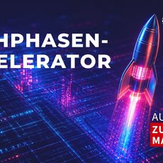 Bild zeigt eine Rakete, die von einem digitalen Schaltkreis oder Stadtplan startet. Der Text betont den Frühphasen-Accelerator des Gründerzentrums Hochschule Anhalt mit dem Motto Ideen in die Zukunft umsetzen.